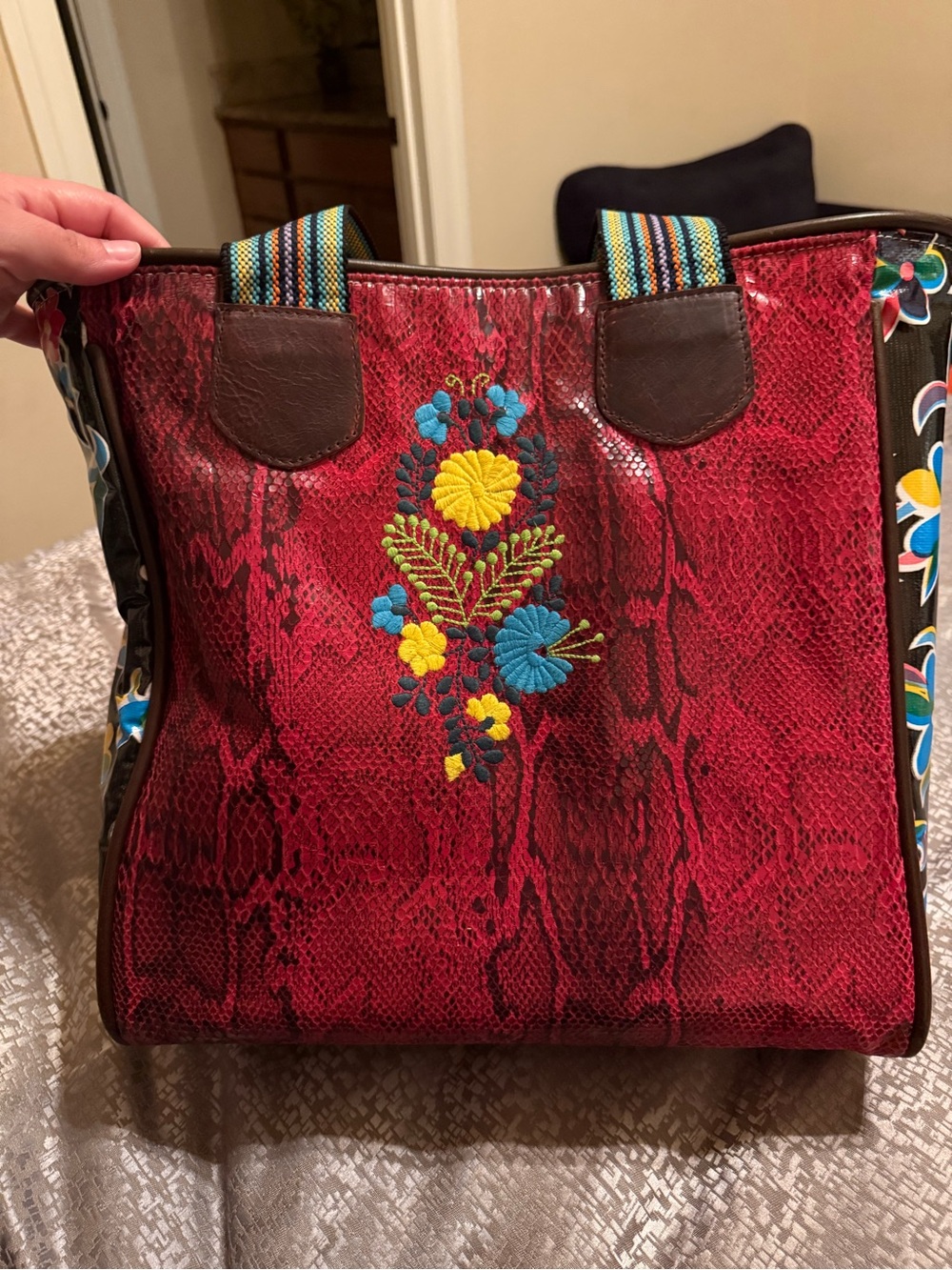 Consuela Red Snake-Print Tote with Blue and Yellow Floral Embroidery